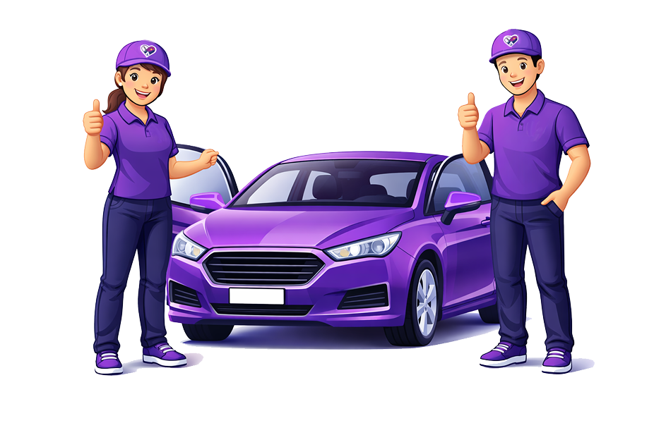 Yunirides drivers with purple car illustration