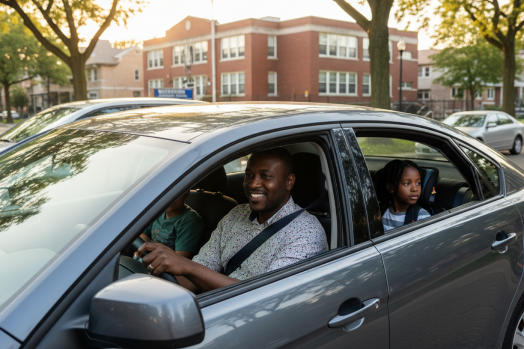 A local driver is happy to be part of School Transport Illinois as he drives kids to school.