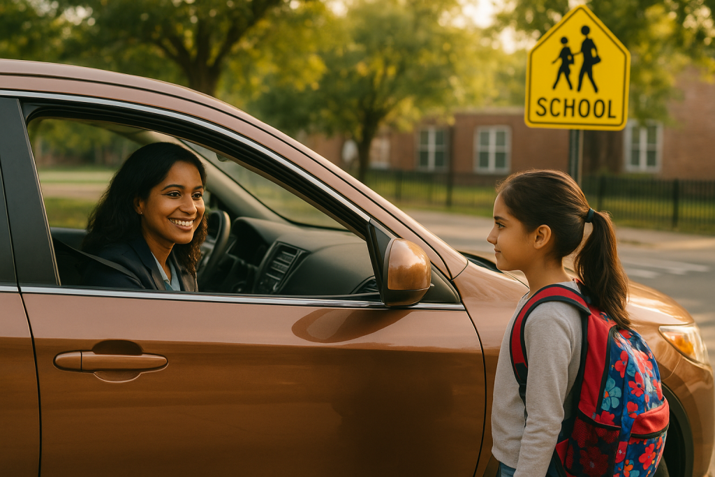 Safe student transportation service by Yuni Rides as a driver drops off a child at a suburban school