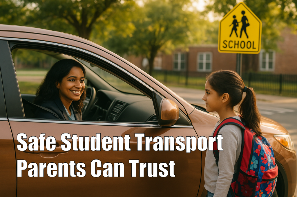 A Yuni Rides female Indian American driver smiles at a child from her car at a suburban school.