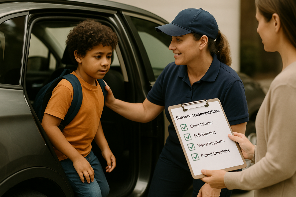Autism friendly school transport driver helping autistic child into car with sensory accommodations parent checklist