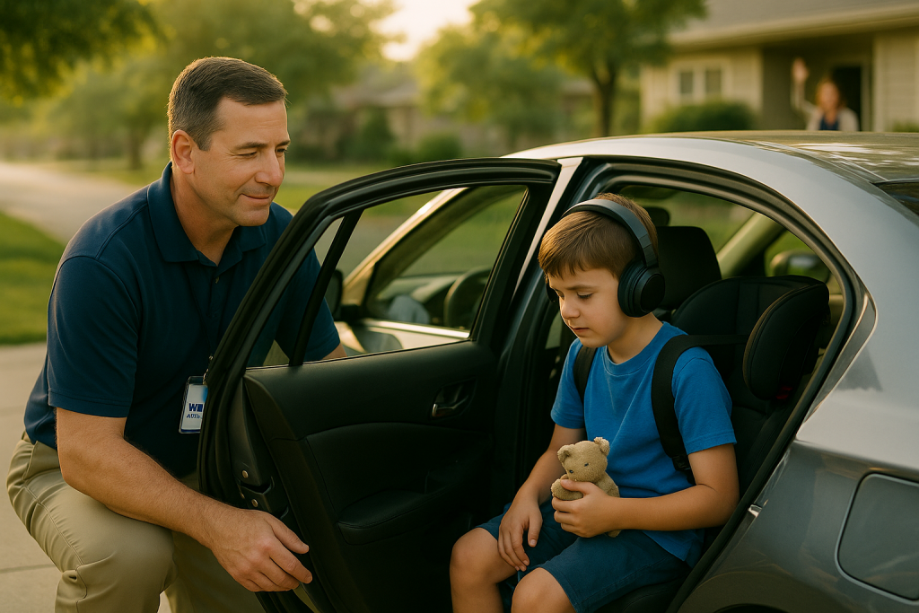 Visual schedule and noise canceling headphones for autistic kids school ride sensory support