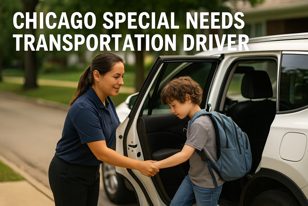 Chicago special needs transportation driver helping IEP student into vehicle safe curbside handoff