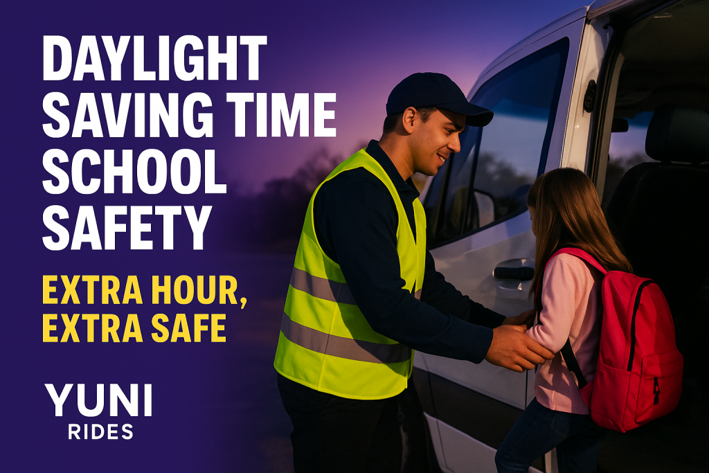 Daylight savings drive safety — Yuni Rides driver assisting student at dusk with reflective gear