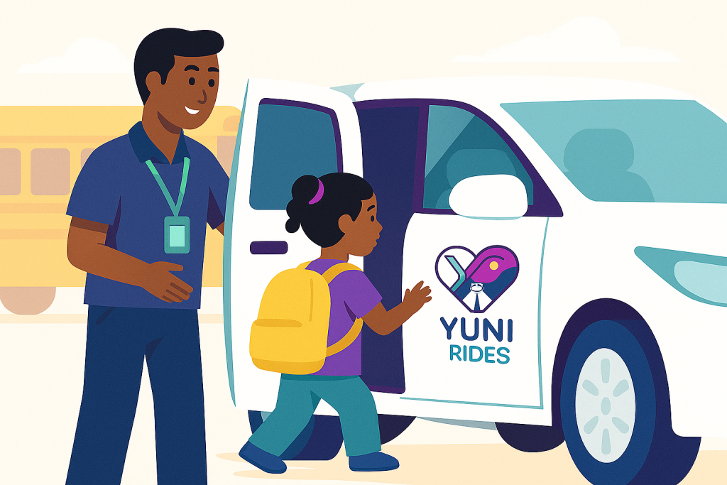 Safe school transportation with trained driver helping student board vehicle, Yuni Rides human-centered approach