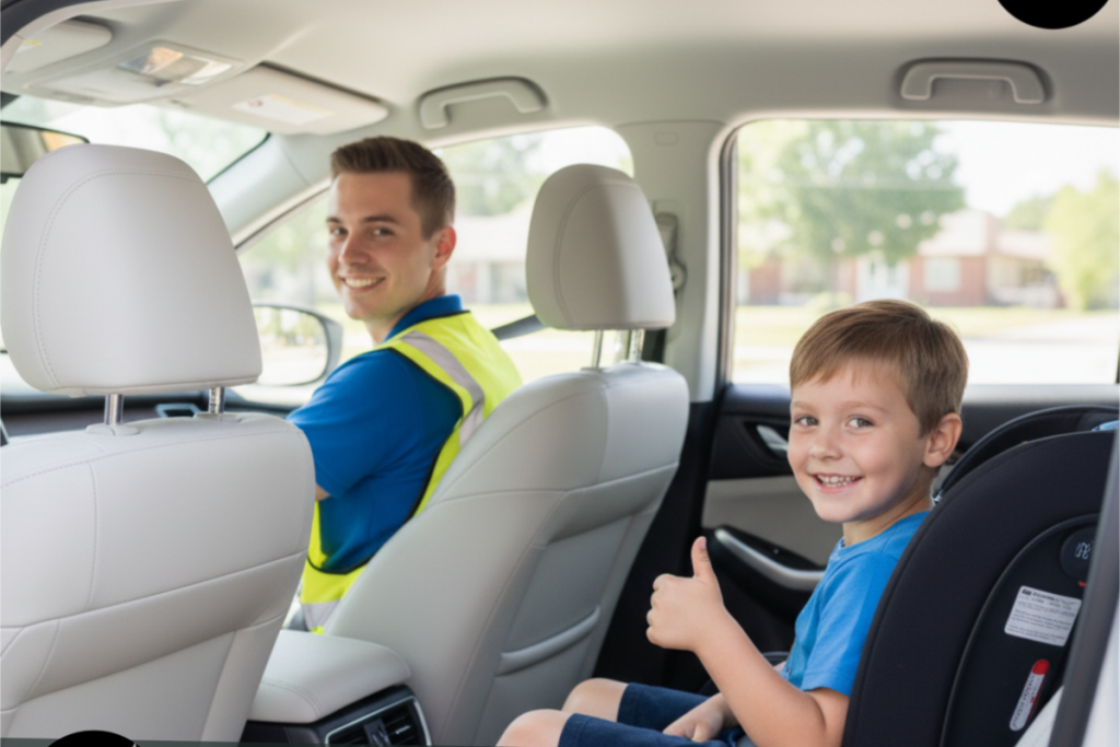 Trained driver assisting a student into a vehicle for special needs school transportation in his car.