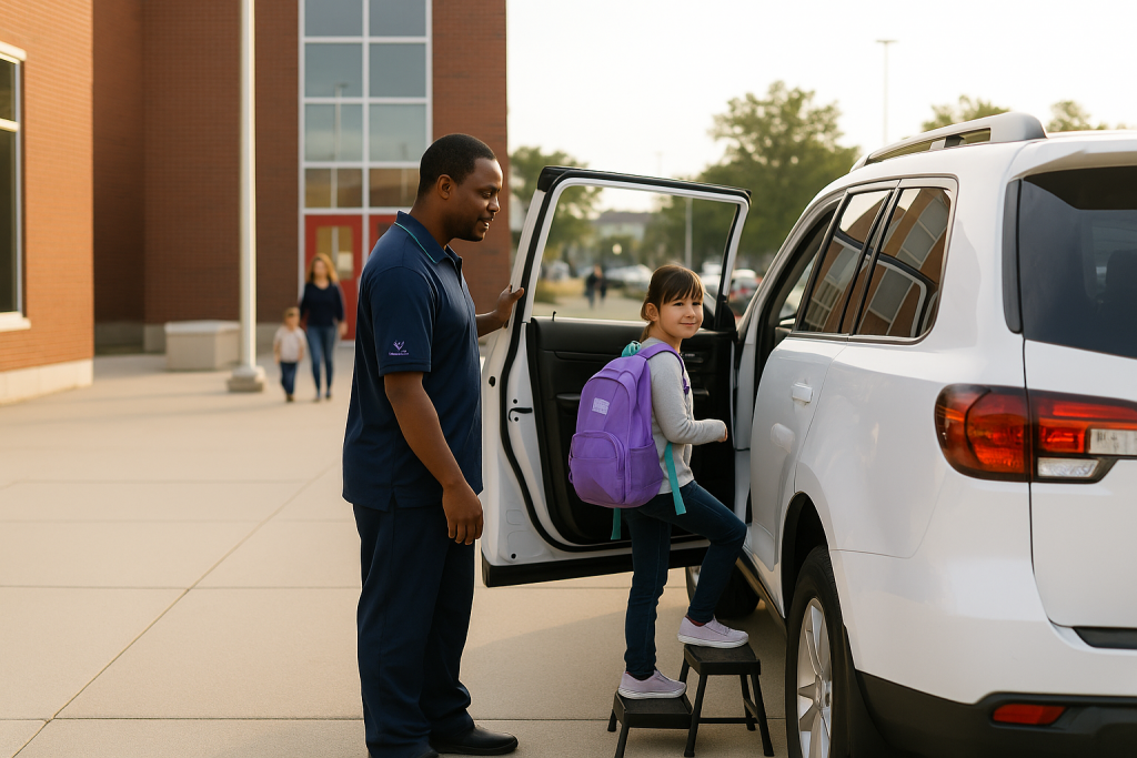 Trained driver assisting special needs student with safe boarding for special needs student transportation service