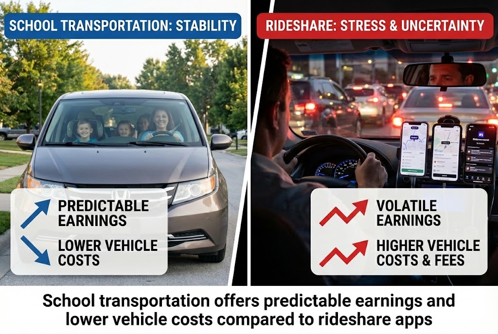 Second income driving jobs comparison school transportation driver morning route vs rideshare gig economy earnings.